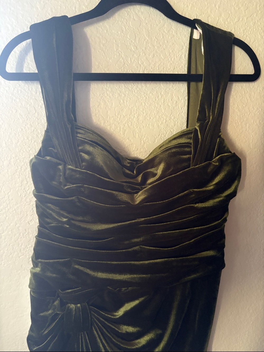 Azazie Genesis Olive Sheath Pleated Velvet Dress, - Picture 7 of 9